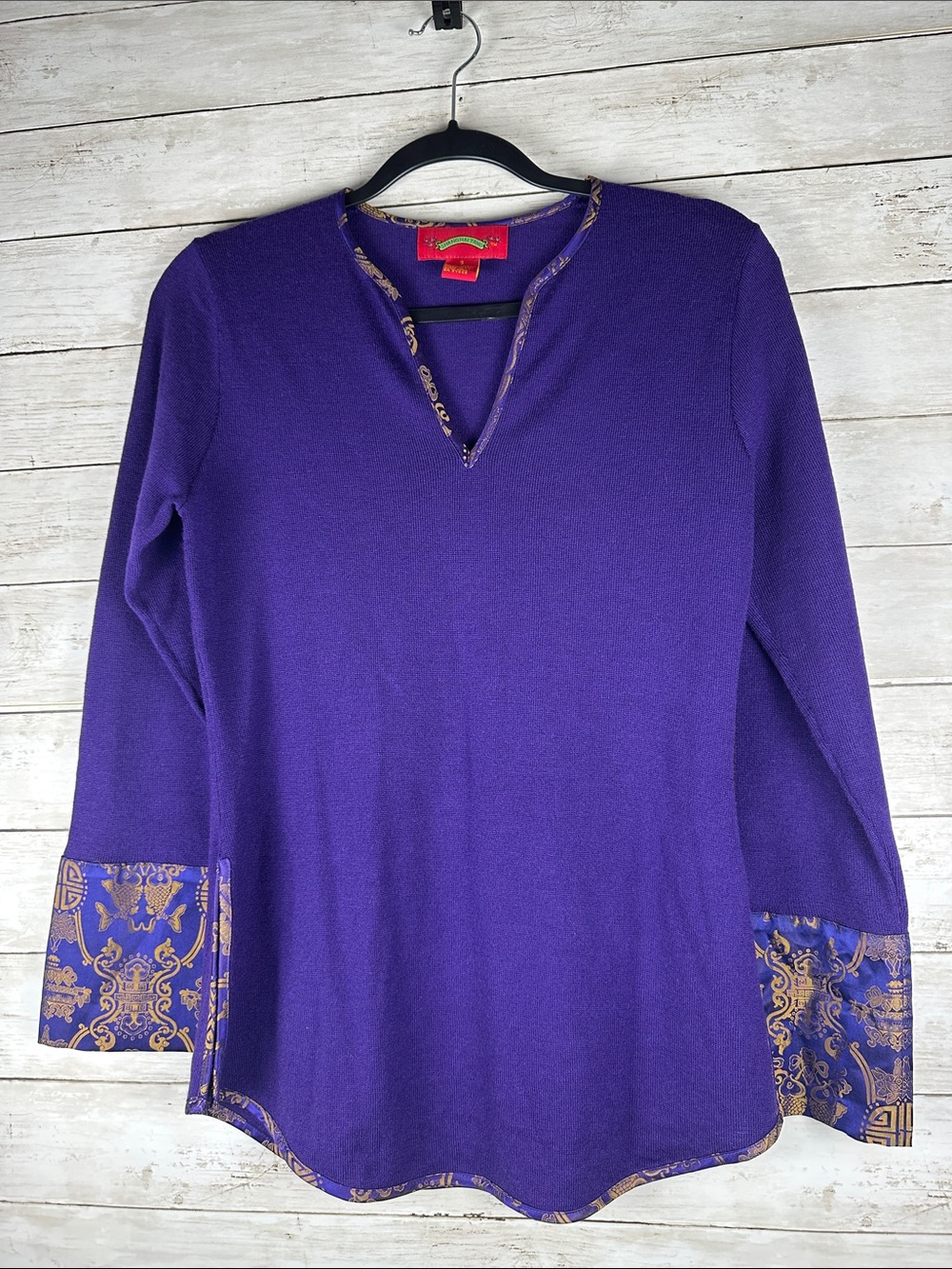 Vintage Shanghai Tang Silk Trim Merino Wool Silk Brocade V-neck Sweater Small